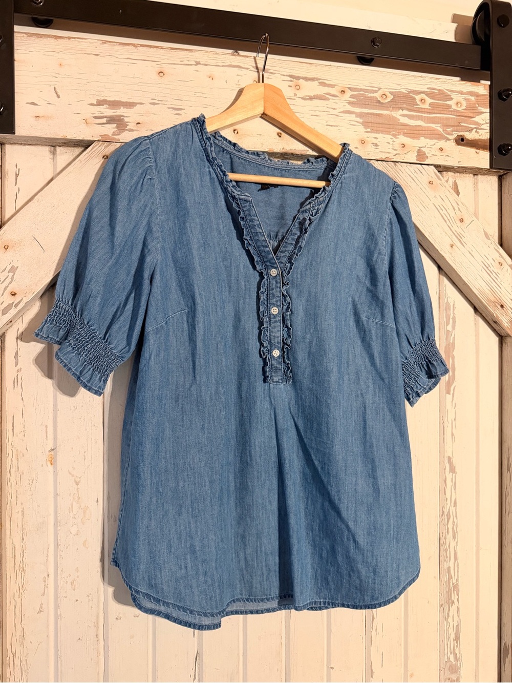 Talbots Light Blue Chambray Ruffle Henley Blouse